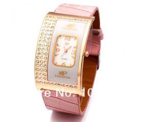 Exquisite Leather Band Quartz Watch with Crystal Rhinestones for Girl/ pink